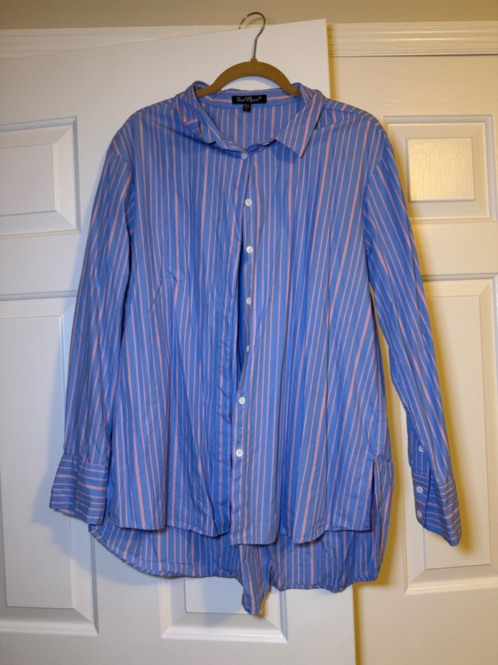 Blue and Pink Vertical Stripe Button-Down Blouse
